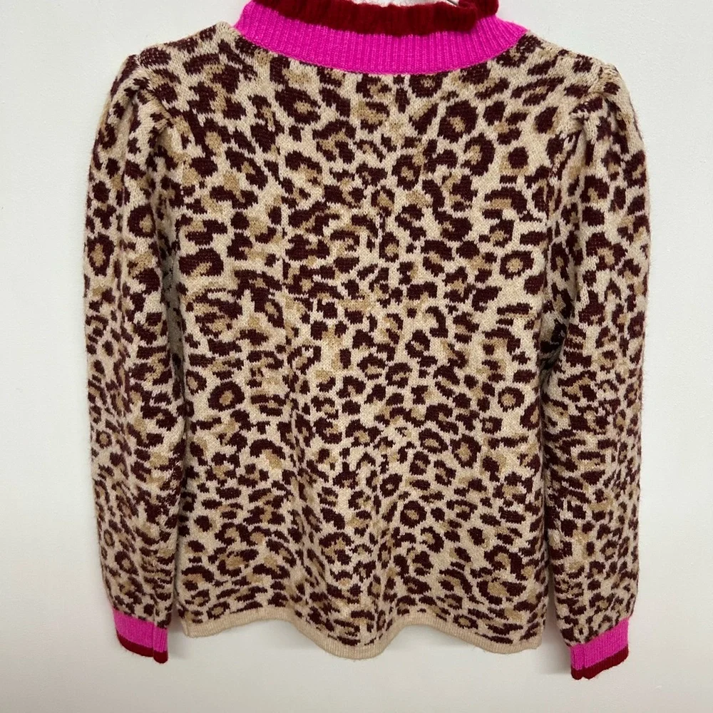 NWT. Impressions Beige Leopard Cardigan with Hot Pink & Burgundy Trim Size M